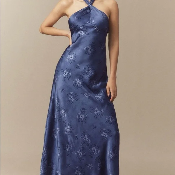 Selma Halter-Neck High-Shine Satin Maxi Dress by Bhldn in Blue, Women's Size: Small